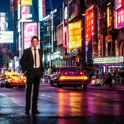 Prompt: a still of Tom Cruise. Shallow depth of field. City at night in background, lights, colors ,studio lighting, mood, 4K. Profession photography