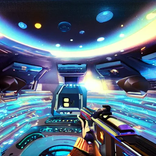 Image similar to a first person shooter game in amongus spaceship