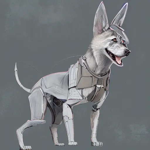 Prompt: panzerwolf anubis dog made of steel in light armor, by ian pesty and alena aenami, concept art, matte painting, washed colors,