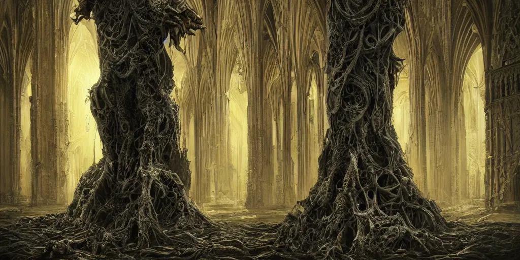 Image similar to a tall towering huge pale human wearing a garment sitting upon an ornate stone throne, 4K, digital art, lovecraftian, lovecraft art, artstation, horror, dramatic, wearing a long yellow rotting garment, dark, hyperrealistic, dramatic perspective, complex (((dark))) cathedral background, dark background, highlights,