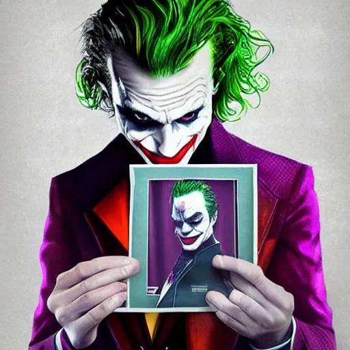 Image similar to the joker holding a printed photo of Margot Robbie, digital painting, amazing detail, artstation, cgsociety