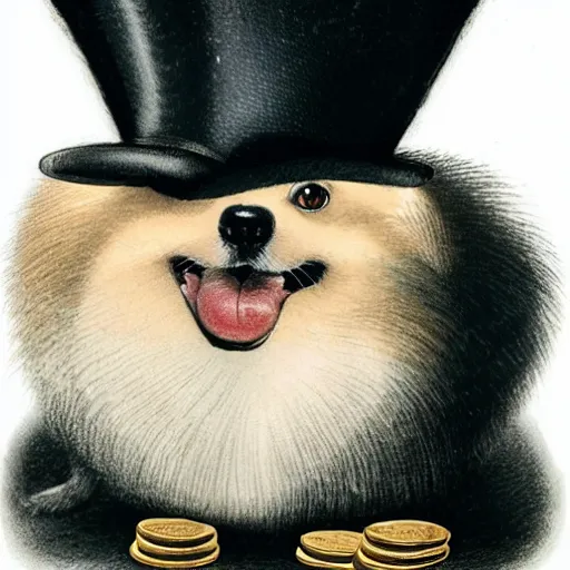 Image similar to A pomeranian wearing a top-hat, sitting on top of a large pile of gold coins