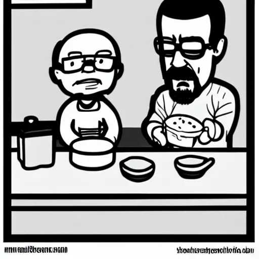 Image similar to baby Walter White doing breakfast, cartoon style,