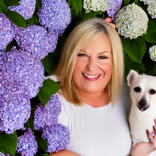 Image similar to 5 0 year old mildly overweight blonde woman, welcoming grin, wearing black, surrounded by hydrangeas, small white dog at her side, portrait, headshot, detailed, high quality