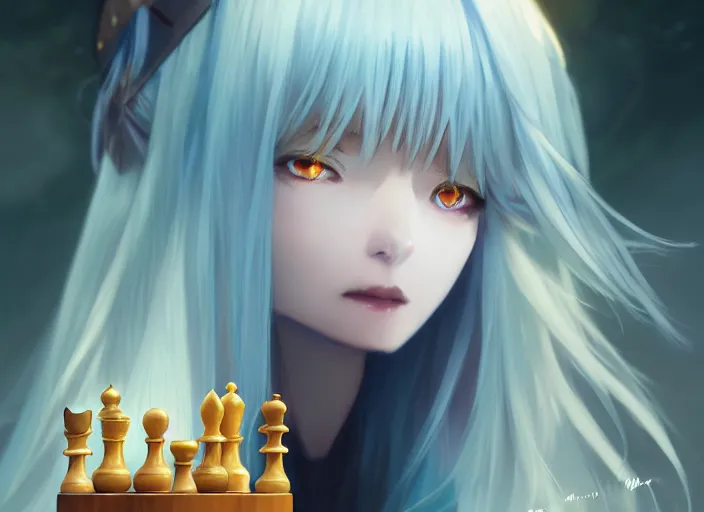 Image similar to beautiful rimuru playing chess, with amber eyes of golden colored eyes, straight hair, sky blue hair, long bangs, high collar, concept art, award winning photography, digital painting, cinematic, by wlop, anime key visual, wlop, 8 k, by ross tran, tom bagshaw, andy warhol