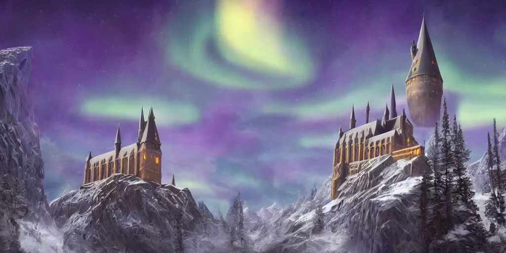 Image similar to mysterious painting of Hogwarts under the northern lights, immaculate scale, hyper-realistic, Unreal Engine, Octane Render, digital art, trending on Artstation, 16k, detailed, atmospheric, immaculate