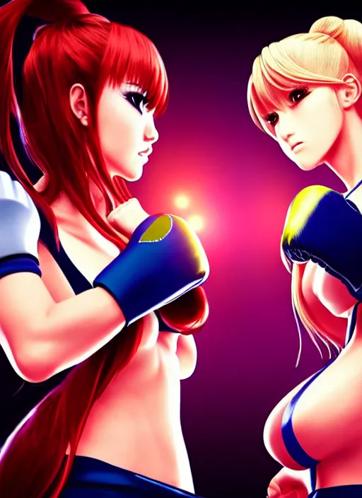 Prompt: two beautiful female fighters standing face to face, dim lighting, gorgeous features, smooth, detailed anime art