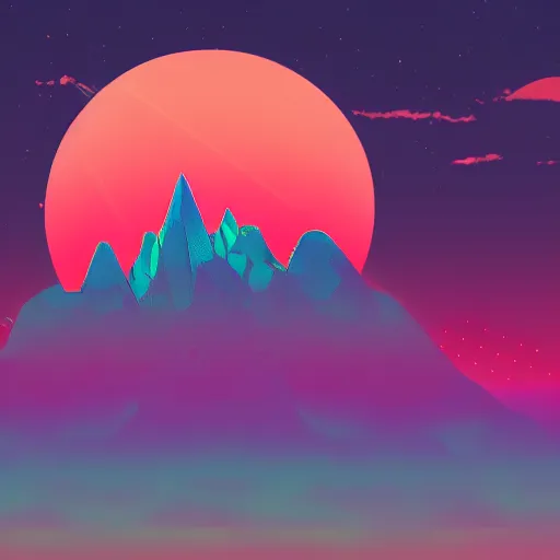 Prompt: aesthetic synthwave mountain between the clouds, moon background, sharp focus, sharp focus, high details, 8 k