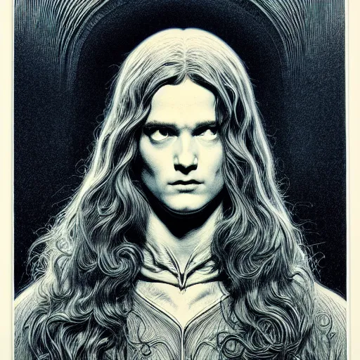 Image similar to medium portrait soft light, by bernie wrightson and joe fenton, inspired by lord of the rings, blue and grey only, etching, fine, sharp high detail,