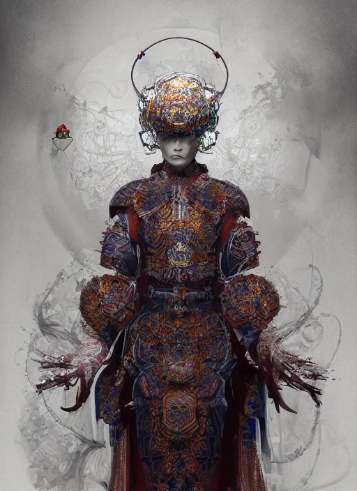 Image similar to portrait of a meditating cyberpunk monk cyborg with headpiece, imari, fractal, in the style of ghosts in the shell, intricate ornaments, elegant, highly detailed, digital photography, subsurface scattering, by jheronimus bosch and greg rutkowski,
