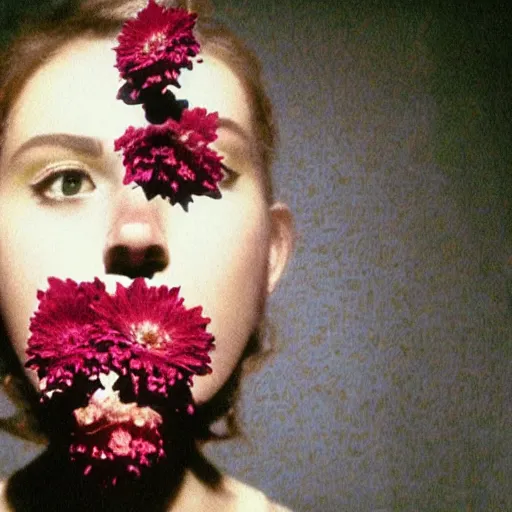 Image similar to movie still of the girl with the flowers head, cinematic composition, cinematic light, by edgar wright and david lynch, surrealist art, surreal wave art