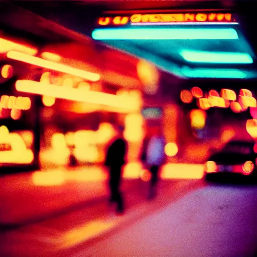 Prompt: portra 800 street photography, the subject is blurry because it's in motion, film portra photography neon signs