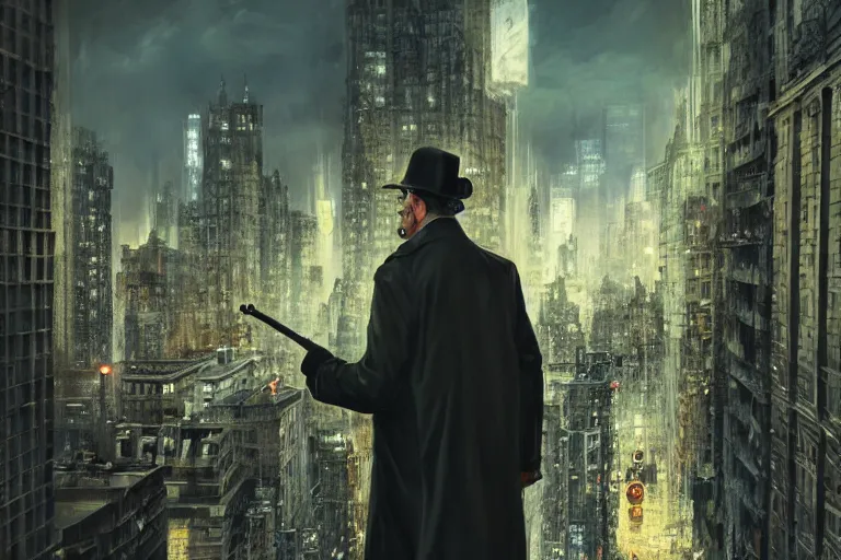 Image similar to detective wearing a trench coat in profile smoking a sherlock holmes pipe on a perch facing the city at night, smooth, focus, highly detailed, hyper realistic, dramatic lighting, intricate, concept art, new york skyline, looking down, art by wlop, greg rutowski, artstation