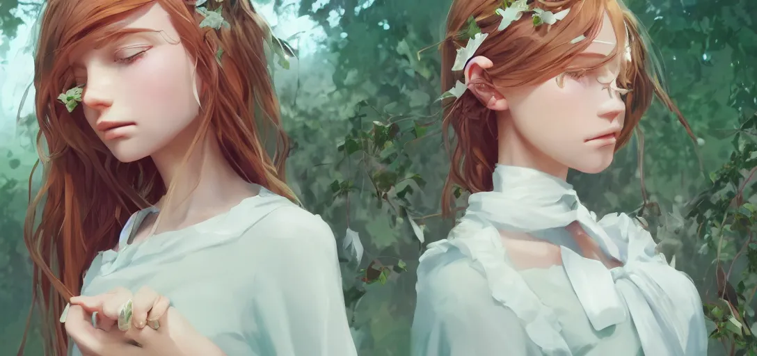 Image similar to a beautiful southern woman named Savannah, innocent, somber turquoise eyes, freckles, long ginger hair tied with white ribbon, sad under a wisteria plant, gentle lighting, storm in the distance, simple dress, digital art by Makoto Shinkai ilya kuvshinov and Wojtek Fus, digital art, concept art,