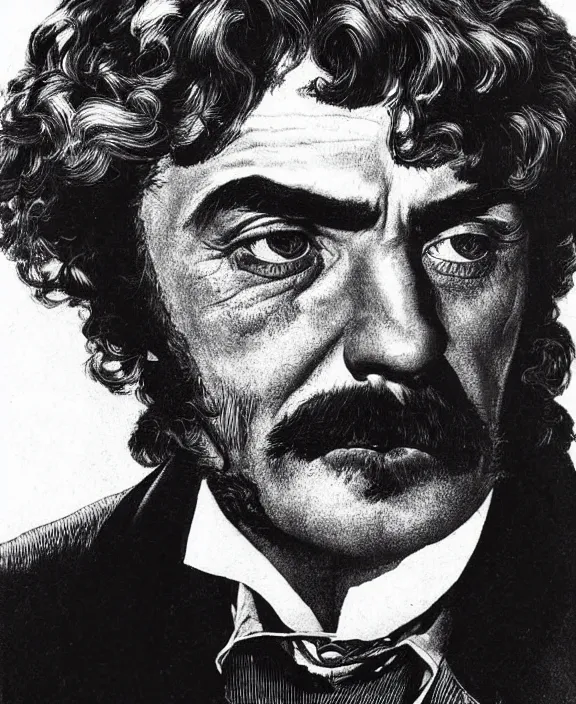 Prompt: Close-up portrait of Al Swearengen from Deadwood by Virgil Finlay