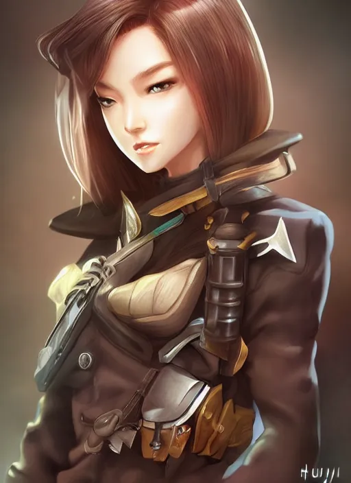 Image similar to full size persona, female sheriff, global lighting, detail, ultra sharpness, beautiful female, detailed face, art by huyy nguyen, by anime style