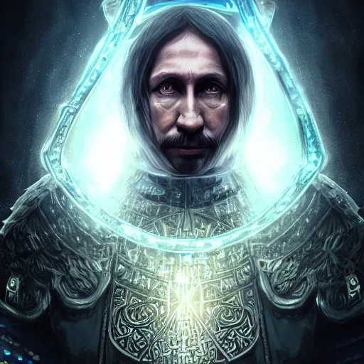 Prompt: a portrait of a hanged putin magician in glass armor releasing spell, full height, moving forward, cyberpunk concept art, trending on artstation, highly detailed, intricate, sharp focus, digital art, 8 k