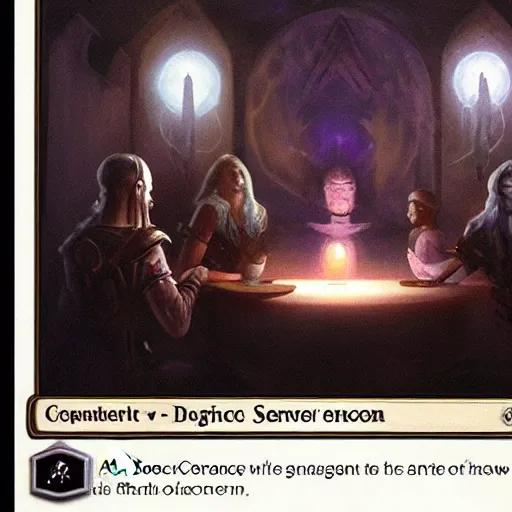 Prompt: a seance in a dark room with a white glow around a center table, fantasy art, magic : the gathering