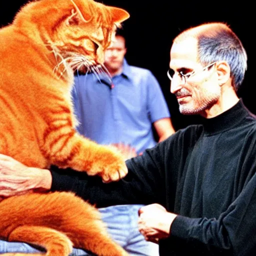 Image similar to steve jobs petting garfield the cat.