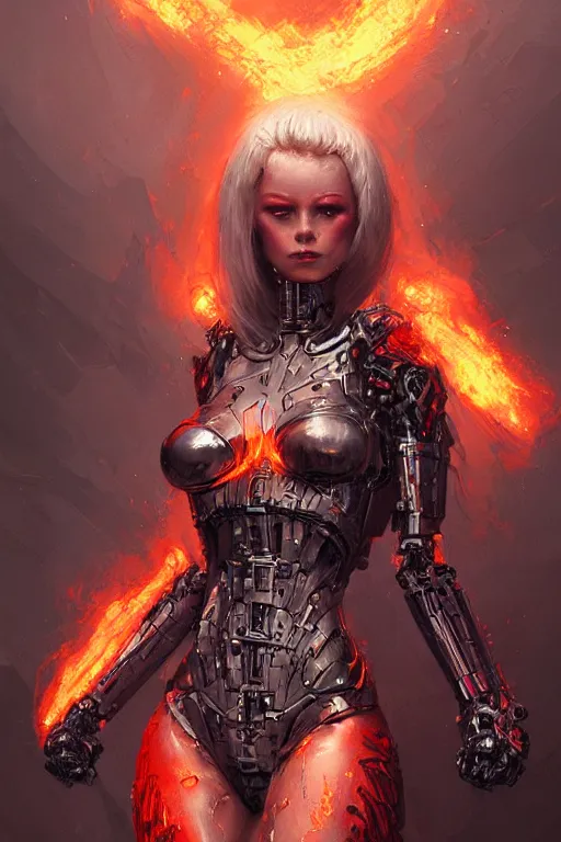 Prompt: Fire Bikini Armor, cybernetic, digital illustration, trending on artstation, professional art by Seb McKinnon and WLOP and ArtGerm