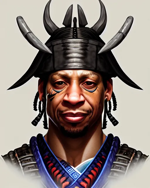 Image similar to face portrait of allen iverson as a muscular ronin samurai, wearing a haori, by wlop and peter mohrbacher, dramatic action pose, extremely detailed shading, concept art, digital painting, trending on artstation, unreal engine 5, octane render, atmosphere, glow, cinematic lighting, full of color