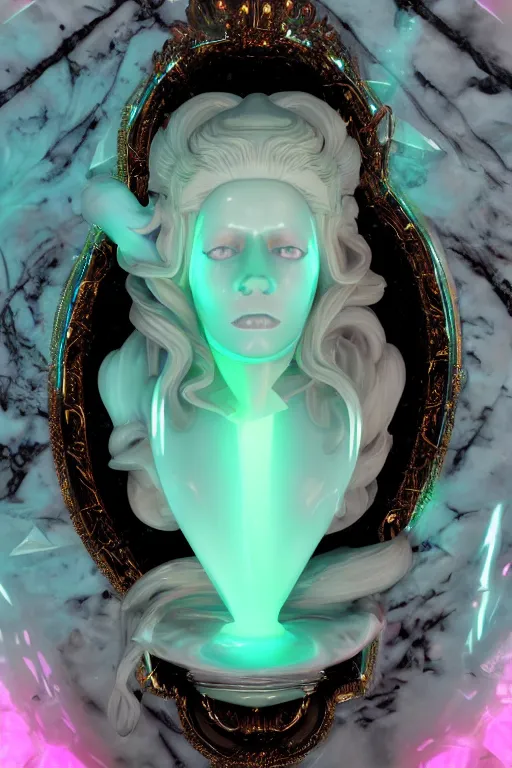Image similar to photo of fullbody rococo and cyberpunk delicate neon crystalline sculpture of beautiful curvy onyx albino marble goddess as mint iridescent humanoid deity wearing pink plastic hooded cloak holding an onyx skull in a onyx space dungeon, reclining, glowing yellow face, crown of white diamonds, cinematic lighting, photorealistic, octane render 8 k depth of field 3 d