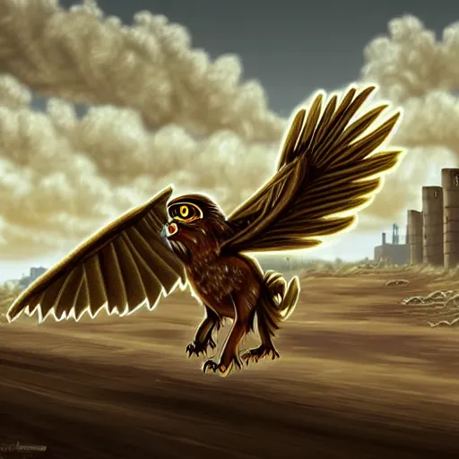 Prompt: Golden-Brown Gryphon Walking Toward and Seeking Shelter in a Walled Settlement in the Fallout Wasteland, Dust in the Air, Windy, Fantasy Art