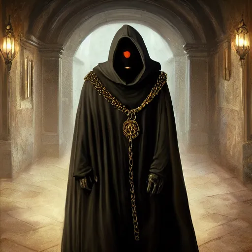 Prompt: a portrait of a man wearing a long dark cloak, hood and shadows covering face holding golden chains, oil painting, Volumetric Golden dappled dynamic lighting, Highly Detailed, Cinematic Lighting, Unreal Engine, 8k, HD