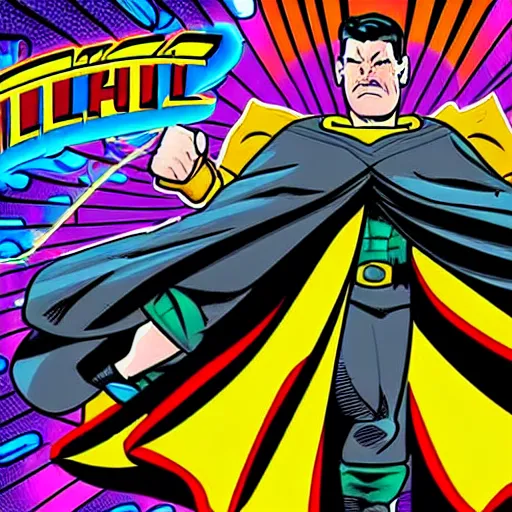 Image similar to a comic book super hero who is just really good at pinball and throws pinball machines he has a long cape his left hand is missing and instead is a launcher from a pinball machine, 4k, highly detailed, heroic pose, graphic novel, bright colors, dark lines
