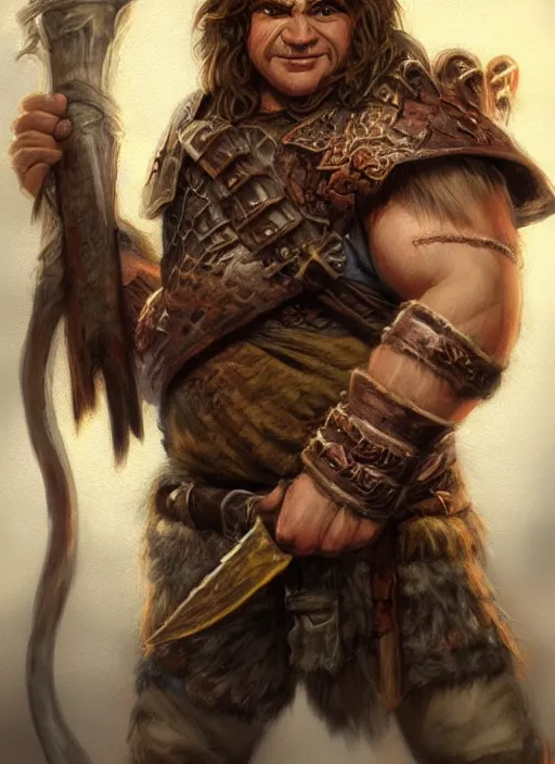 Prompt: halfling barbarian, ultra detailed fantasy, dndbeyond, bright, colourful, realistic, dnd character portrait, full body, pathfinder, pinterest, art by ralph horsley, dnd, rpg, lotr game design fanart by concept art, behance hd, artstation, deviantart, hdr render in unreal engine 5