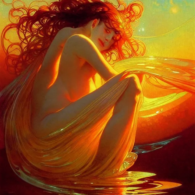 Image similar to mind bending ocean waves of glossy liquid honey drops flowing like psychedelic translucent amber, lsd waves, lsd ripples, backlit, sunset, refracted lighting, art by collier, albert aublet, krenz cushart, artem demura, alphonse mucha