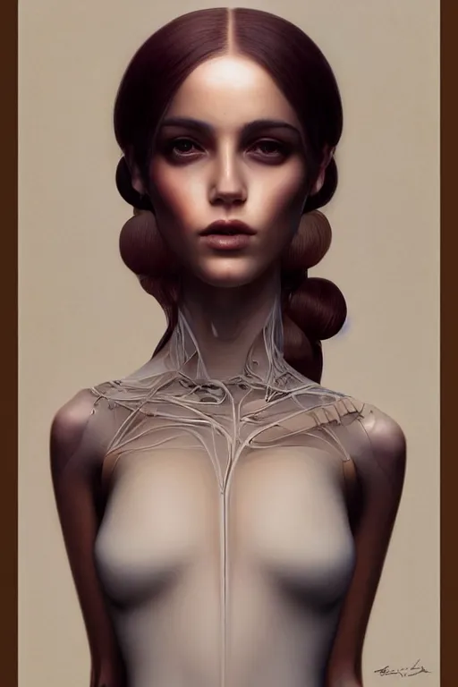 Prompt: Abstract tech portrait of a beautiful female dollpunk with thin lustrous hair wearing a full bodysuit, focus, detailed, realistic eyes, symmetric body features proportions, intricate details, award winning, by Tom Bagshaw