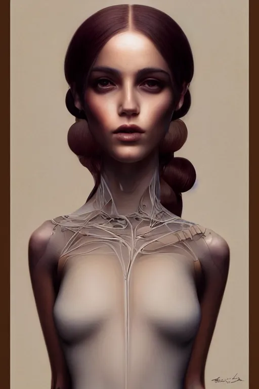 Image similar to Abstract tech portrait of a beautiful female dollpunk with thin lustrous hair wearing a full bodysuit, focus, detailed, realistic eyes, symmetric body features proportions, intricate details, award winning, by Tom Bagshaw