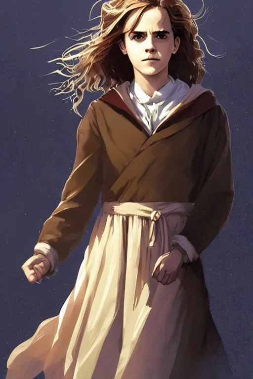 Image similar to Poster artwork, Emma Watson as Hermione Granger, wearing hogwarts!!! robes!!!, young!!!, prisoner of Azkaban, magnificent, close up, details, sharp focus, elegant, highly detailed, illustration, by Jordan Grimmer and greg rutkowski and PiNe(パイネ) and 薯子Imoko and 香川悠作 and wlop!!!! and maya takamura, intricate, beautiful, sunset!!!, Trending artstation, pixiv, digital Art