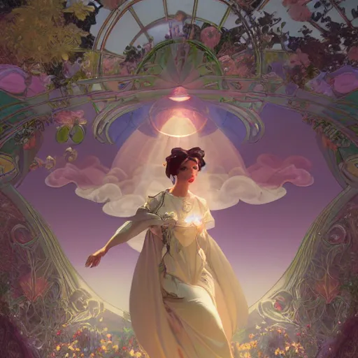 Image similar to female android descending from clouds into enchanted garden, full body portait, ornated jewels, fabricated gown, art by artgerm and alphonse mucha, and ilya kuvshinov and ross tran, art nouveau, octane render, 8 k, cinematic lighting, ultra hi definition