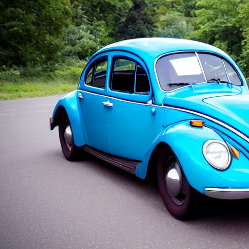 Prompt: a blue beetle car with burgers for wheels m - w 7 6 8