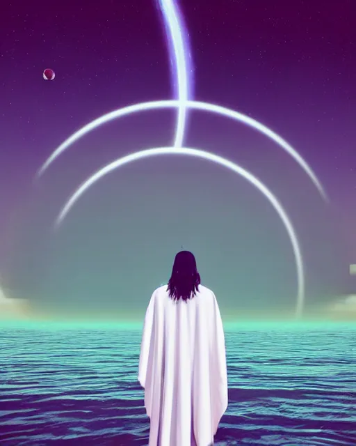 Image similar to a person wearing a white cloak that's blowing in the wind. they are standing in the water. a large planet with rings is visible in the sky. an album cover by stanley twardowicz, trending on cg society, retrofuturism, retrowave, chillwave, synthwave, 3 d render, unreal engine