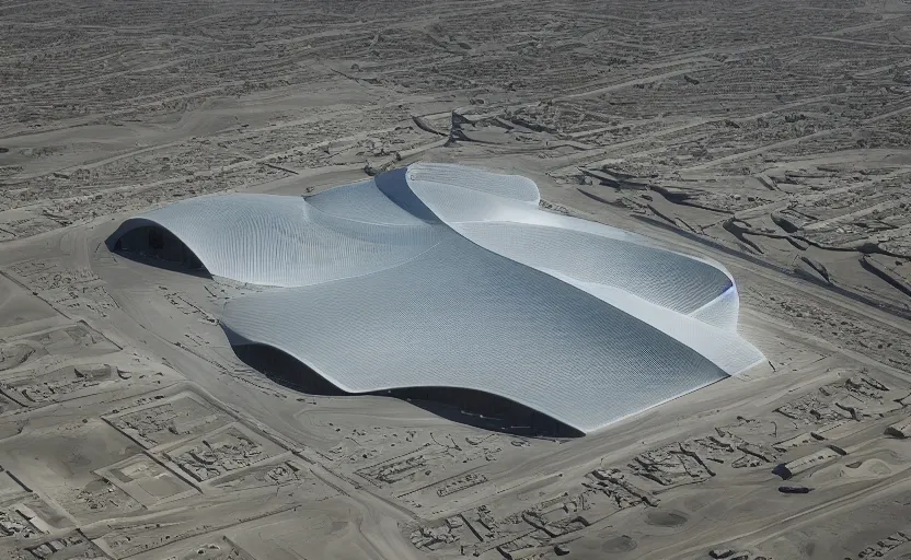 Image similar to parametric structure, medical complex, in the desert beside the gulf, view from above, design by rem norman foster, dezeen, architectural photography