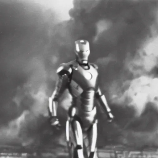 Image similar to iron man during the hindenburg disaster, grainy photo