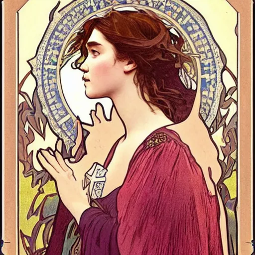 Prompt: florence pugh portrait by louis - theophile hingre and alphonse mucha, realistic, sharp focus, zodiac signs, tarot cards, planets, ethereal, art nouveau, magic, moon, sun, crown, dreamy, royal, jewellery