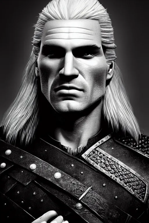 Image similar to portrait of geralt of rivia, 5 5 mm lens, professional photograph, black and white, times magazine, serious