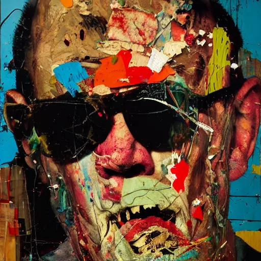 Prompt: hyperrealistic, photorealistic, mixed media oil painting of hunter s thompson, magazine scraps, plaster, blood, oil, mustard, splatter, greg rutkowski, basquiat, ralph steadman, wesley kimler