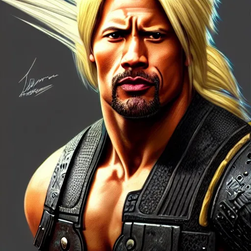 Image similar to Dwayne Johnson as Cloud Strife, western, D&D, fantasy, intricate, elegant, highly detailed, digital painting, artstation, concept art, matte, sharp focus, illustration, art by Artgerm and Greg Rutkowski and Alphonse Mucha