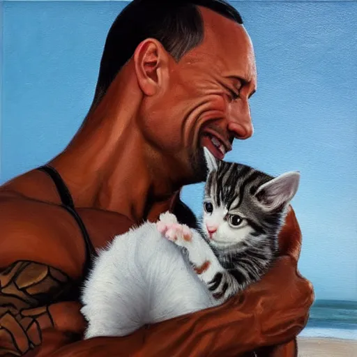 Image similar to dwayne johnson holding a kitten at the beach, oil painting