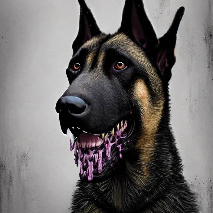 Image similar to portrait of belgian malinois as zombie. intricate abstract. intricate artwork. by Tooth Wu, wlop, beeple, dan mumford. octane render, trending on artstation, greg rutkowski, very coherent symmetrical artwork. cinematic, hyper realism, high detail, octane render, 8k, iridescent accents, deep blacks