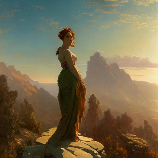 Image similar to an ultradetailed matte landscape painting of mountain sized sculpture of a beautiful and elegant woman, sunrise on the horizon in the background, stone hand raised up, 8 k, art by greg rutkowski and alphonse mucha and andreas rocha and albert bierstadt