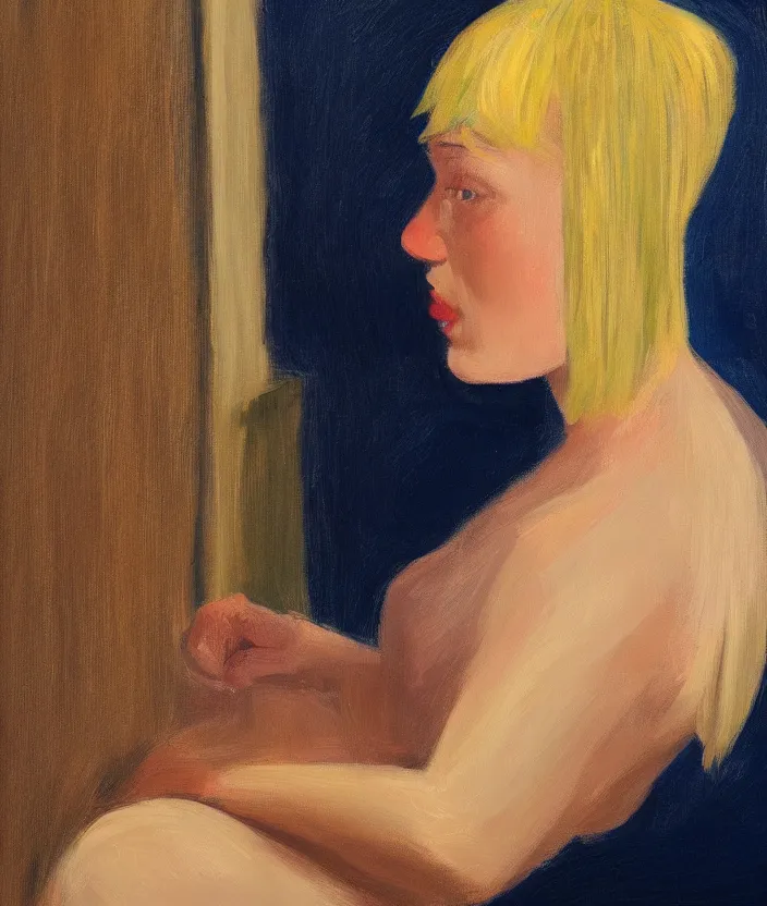 Image similar to a closeup portrait of woman with a blonde bob with bangs, frontal view, in the style of edward hopper, very fine brush strokes, 4 k,