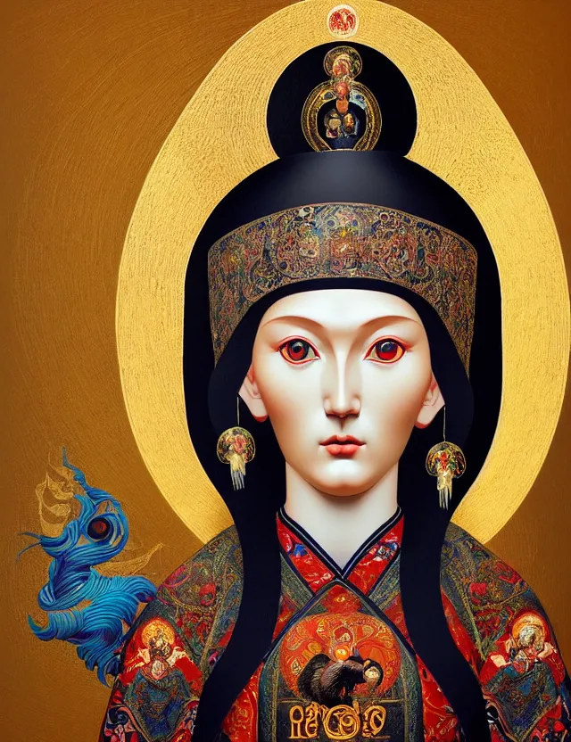 Image similar to 3 d goddess close - up profile portrait russian orthodox icon with ram skull. beautiful intricately detailed japanese crow kitsune mask and clasical japanese kimono. betta fish, jellyfish phoenix, bio luminescent, plasma, ice, water, wind, creature, artwork by tooth wu and wlop and beeple and greg rutkowski