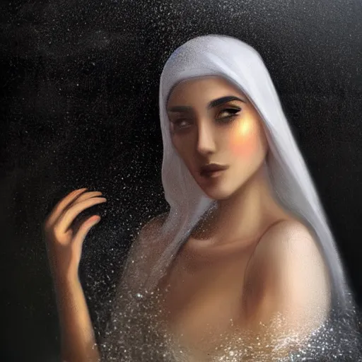 Image similar to beautiful Arab woman, white transparent veil black hair, bathing in a waterfall, ethereal, emotive, fine art, water mist, mystical, Romanticism, golden light digital painting, artstation, concept art