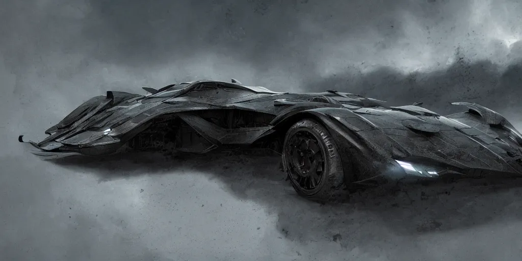 Image similar to the batmobile caught in the flow of time. octane render. 8 k. dark. atmospheric. cinematic. matte painting painted by sparth and craig mullins